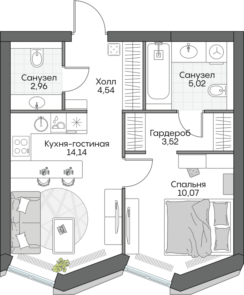 1 комн. квартира, 48.4 м², 12 этаж 