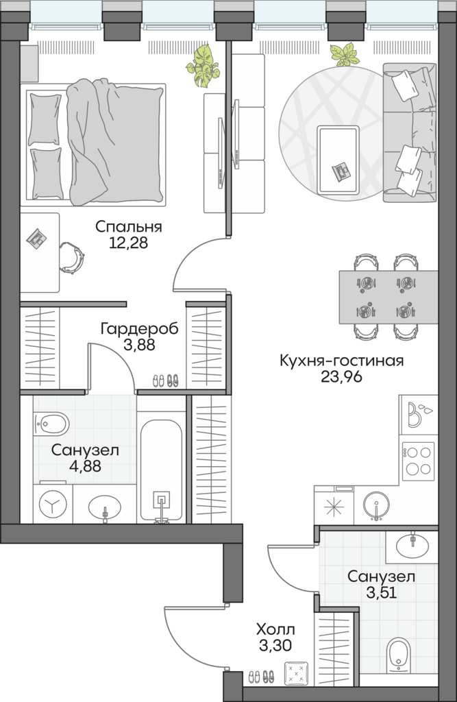 1 комн. квартира, 52.4 м², 6 этаж 