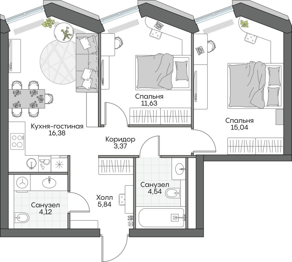 2 комн. квартира, 61.1 м², 12 этаж 