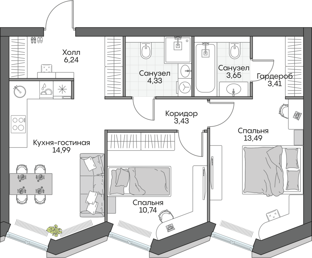 2 комн. квартира, 60.5 м², 11 этаж 