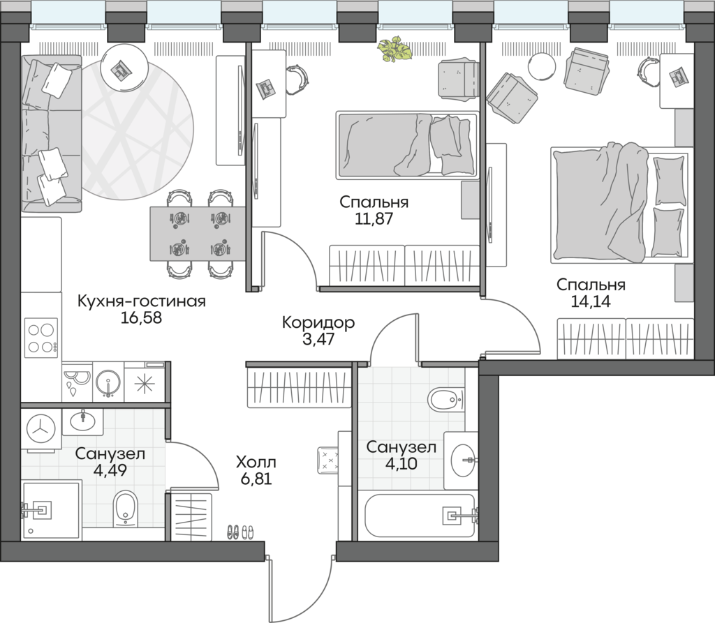 2 комн. квартира, 60.3 м², 10 этаж 