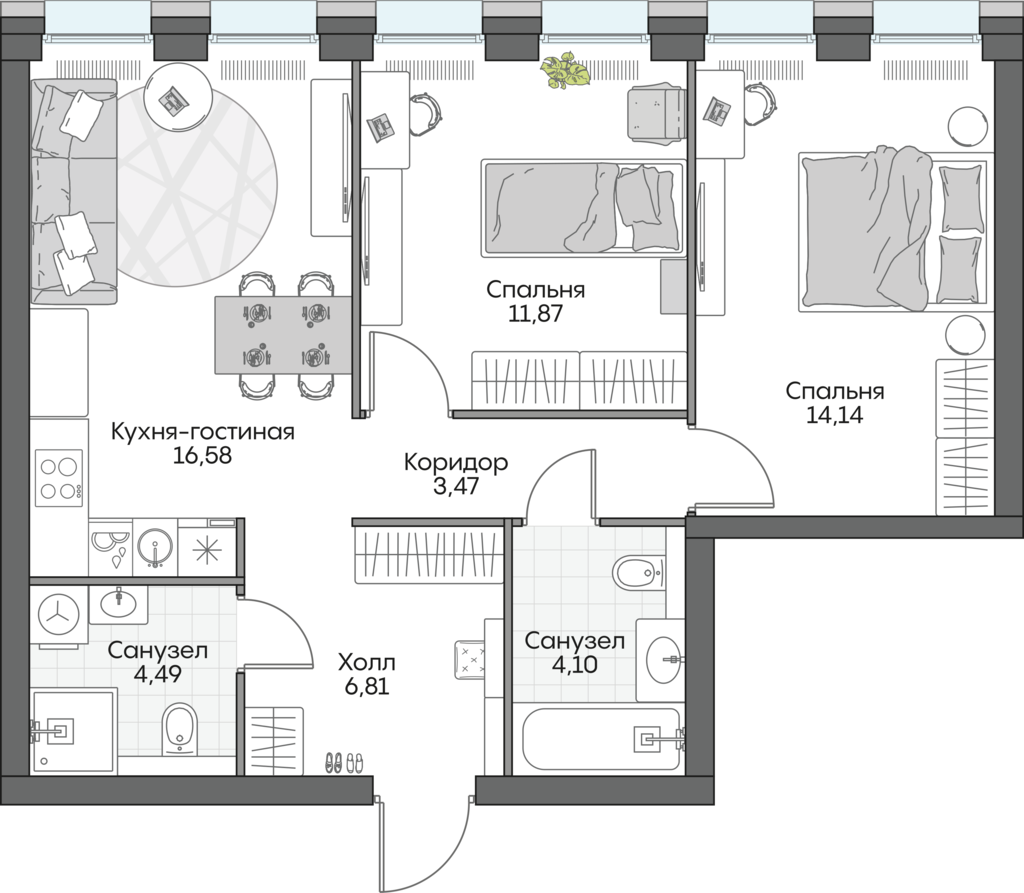 2 комн. квартира, 61.5 м², 14 этаж 