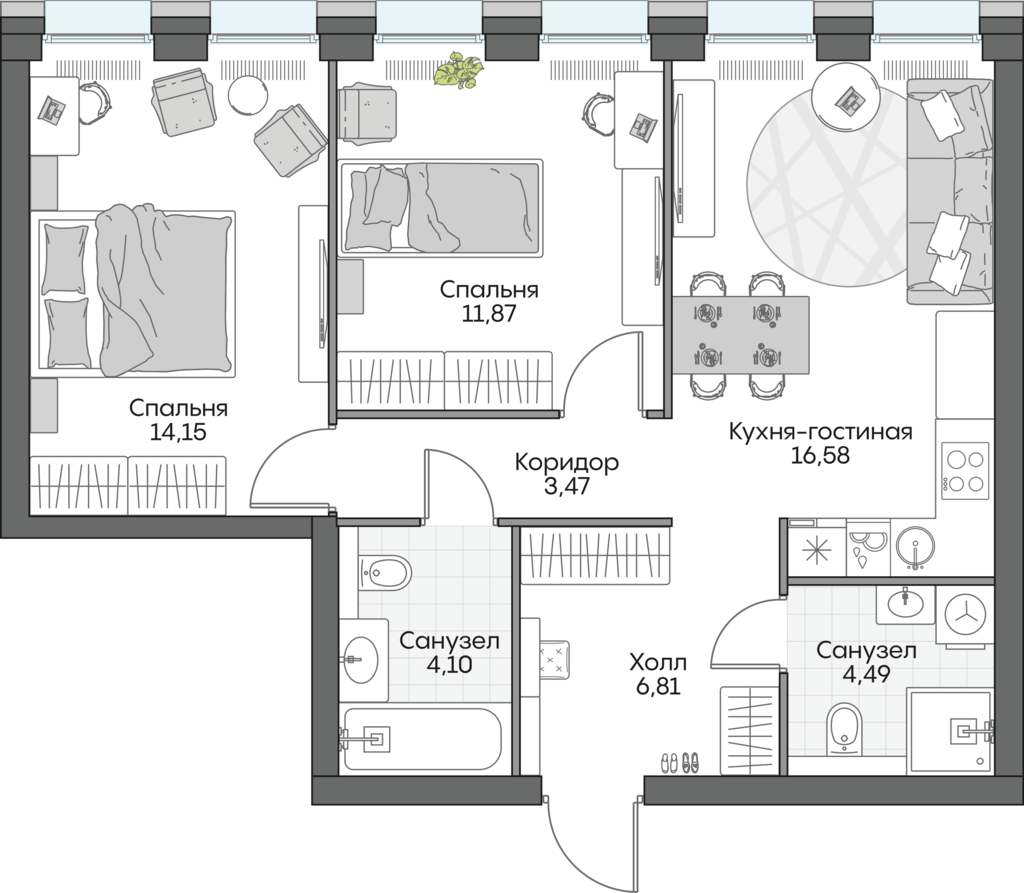 2 комн. квартира, 61.4 м², 16 этаж 