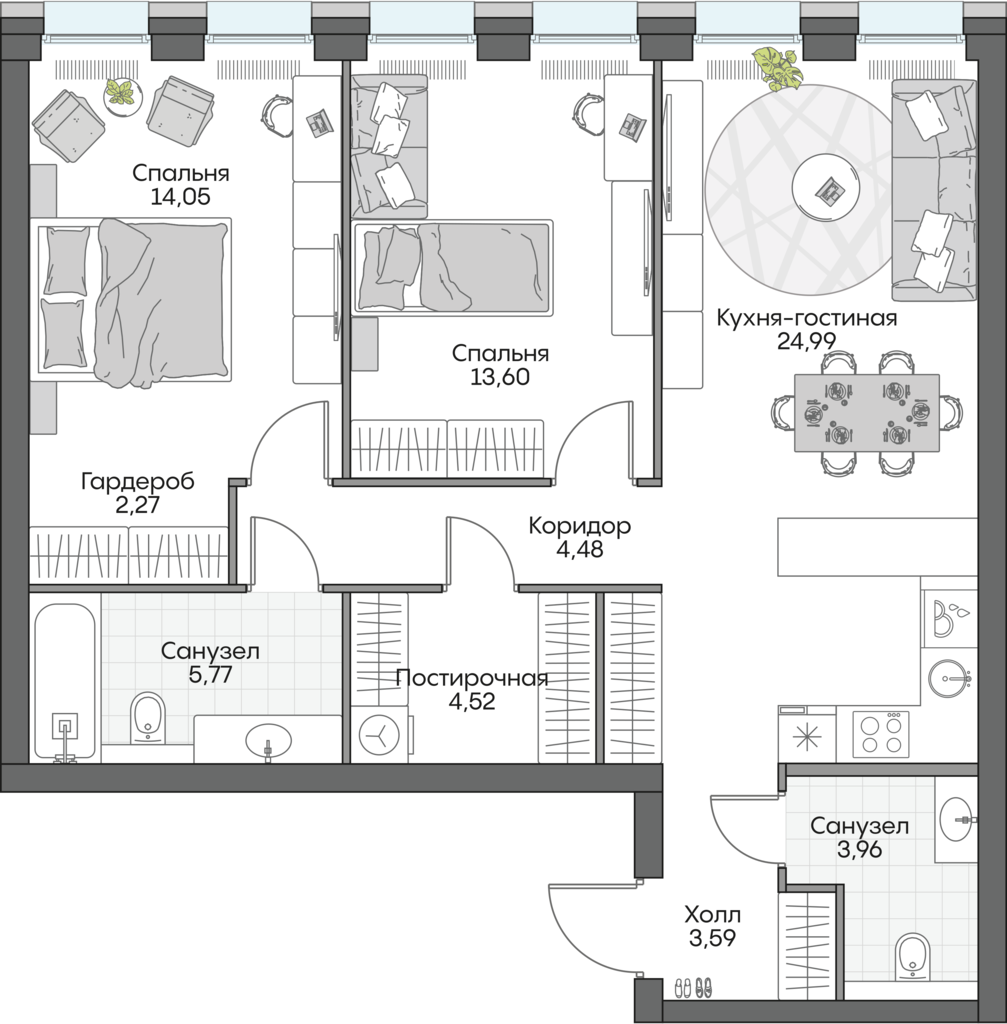 2 комн. квартира, 69.3 м², 15 этаж 