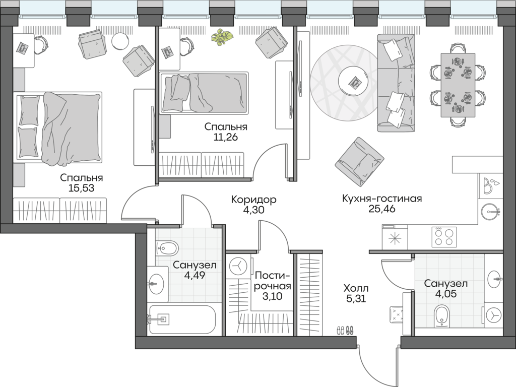 2 комн. квартира, 73.3 м², 13 этаж 