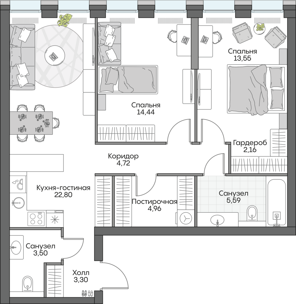 2 комн. квартира, 74.8 м², 13 этаж 
