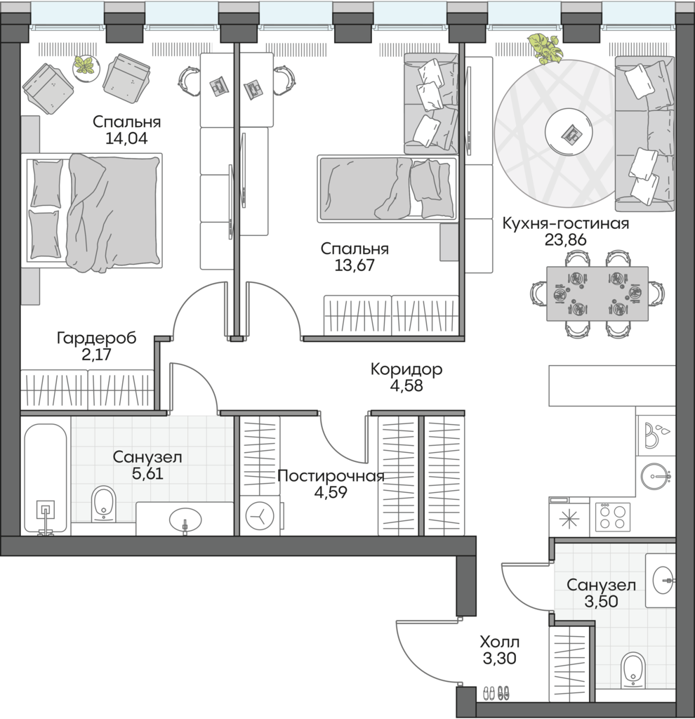 2 комн. квартира, 75.2 м², 14 этаж 