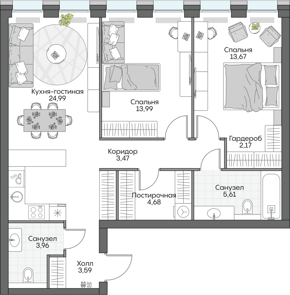 2 комн. квартира, 75.6 м², 14 этаж 