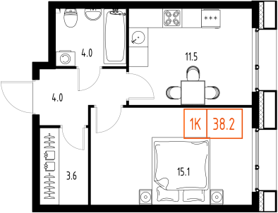 1 комн. квартира, 38.2 м², 5 этаж 