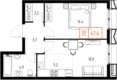 1 комн. квартира, 41.4 м², 6 этаж 