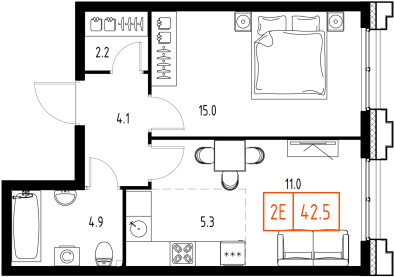 1 комн. квартира, 42.5 м², 2 этаж 
