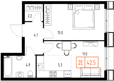 1 комн. квартира, 42.5 м², 3 этаж 