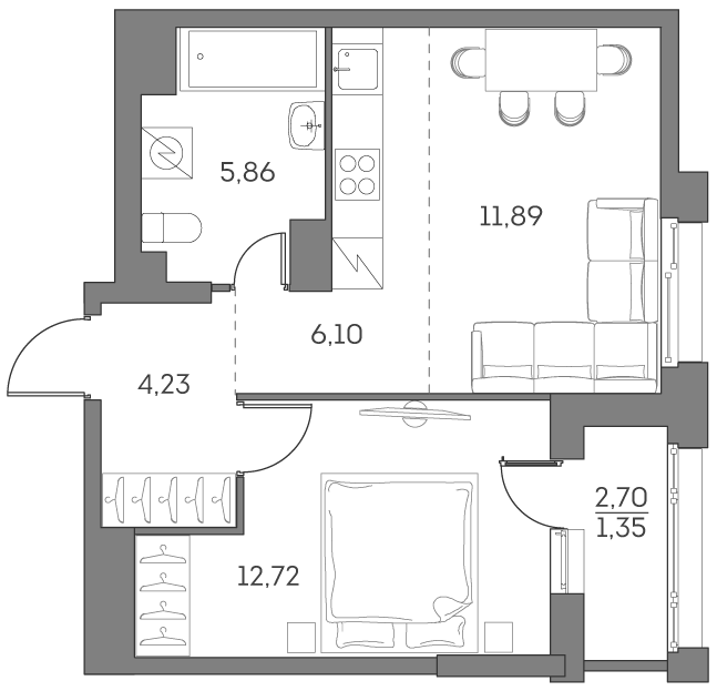 2 комн. квартира, 42.1 м², 5 этаж 