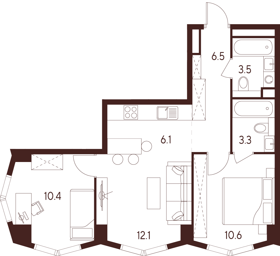 3 комн. квартира, 52.5 м², 3 этаж 