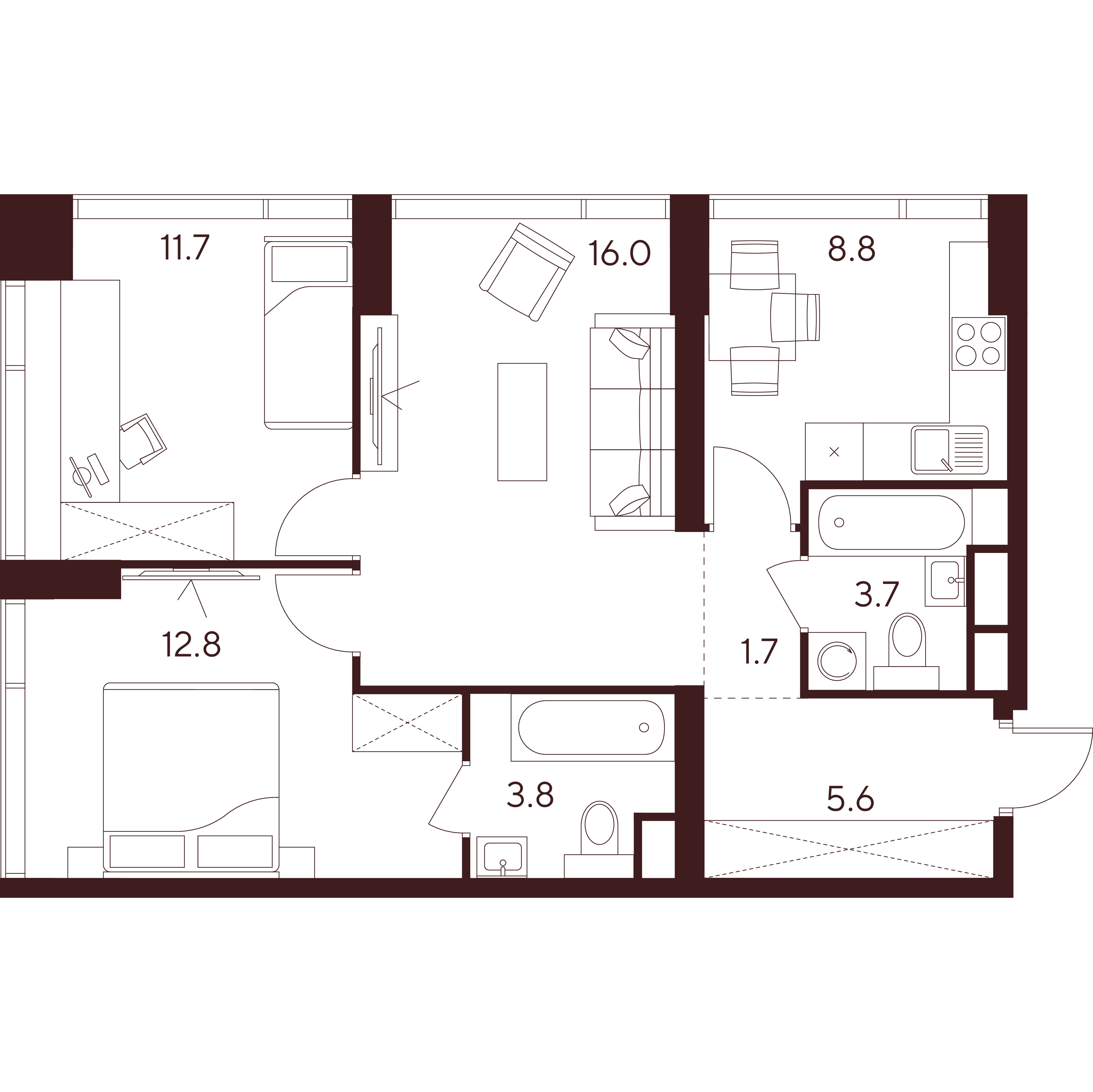 3 комн. квартира, 64.1 м², 9 этаж 