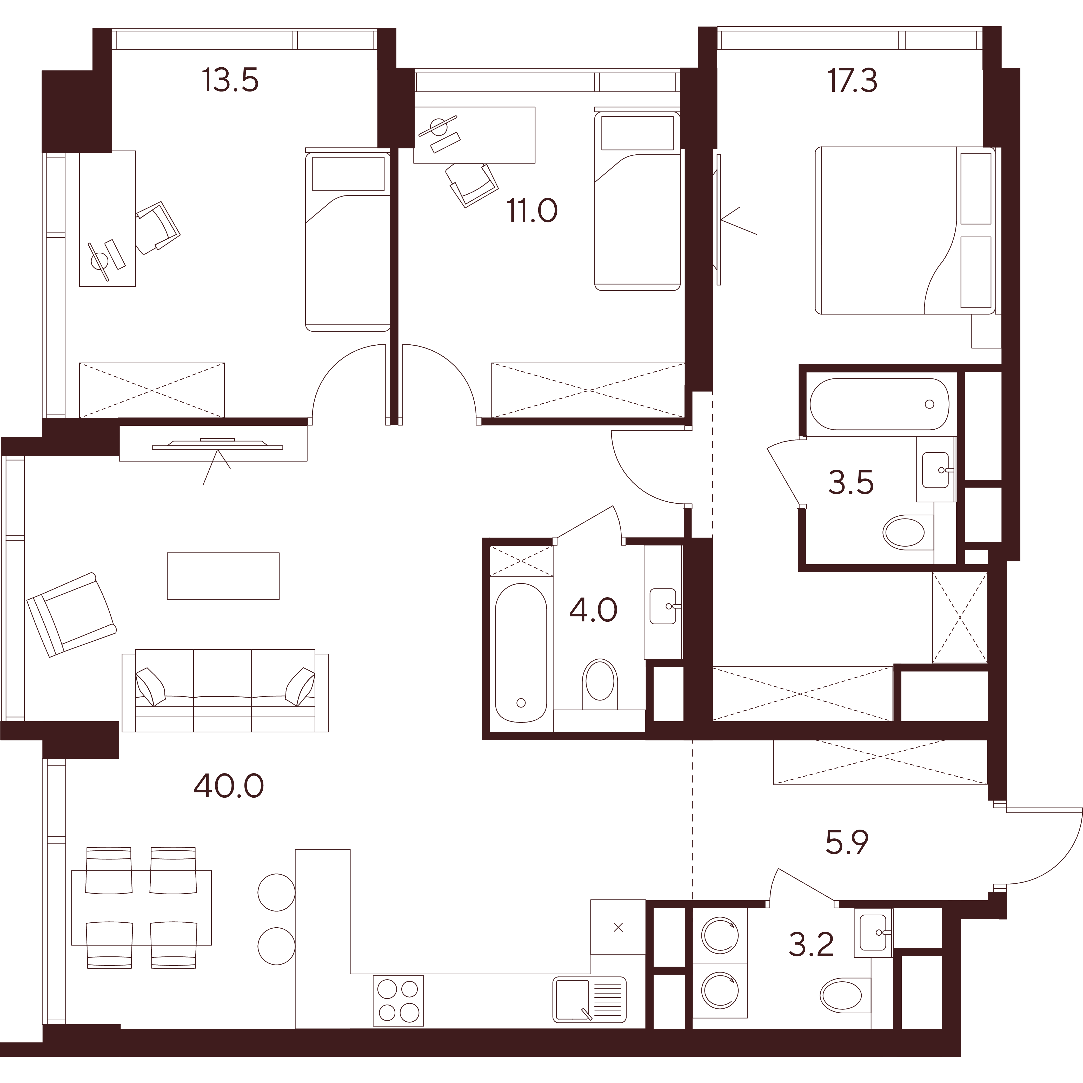4 комн. квартира, 98.4 м², 34 этаж 