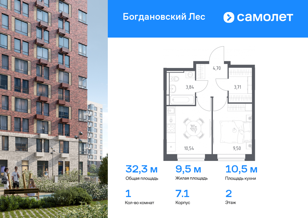 1 комн. квартира, 32.3 м², 2 этаж  (из 12)