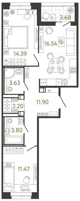 2 комн. квартира, 63.9 м², 11 этаж 