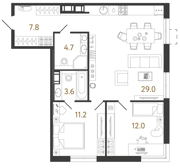 2 комн. квартира, 68.3 м², 11 этаж 