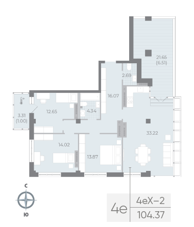 2 комн. квартира, 104.3 м², 8 этаж 