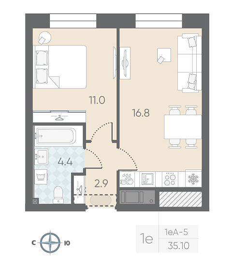 студия, 35.1 м², 12 этаж 