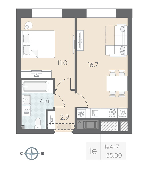 студия, 35 м², 12 этаж 