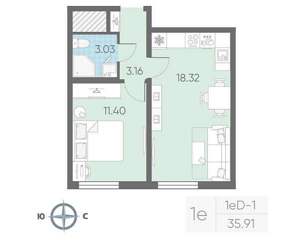 студия, 35.9 м², 5 этаж 