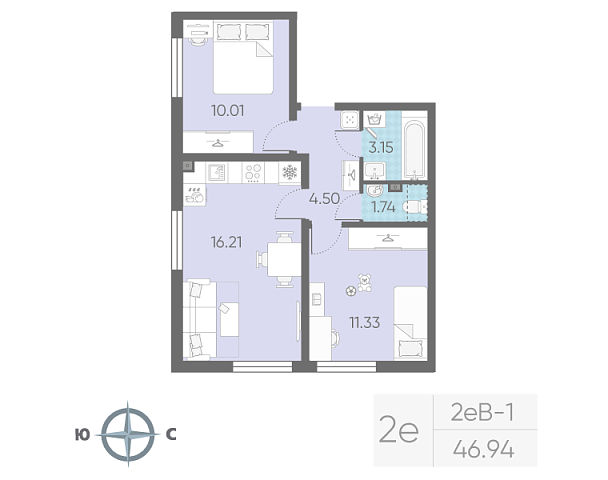 1 комн. квартира, 46.9 м², 2 этаж 