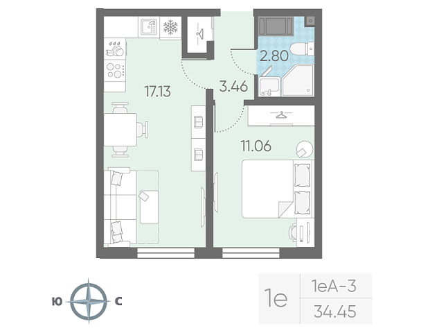 студия, 34.5 м², 4 этаж 