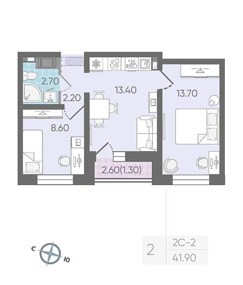 2 комн. квартира, 41.9 м², 24 этаж 