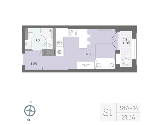 студия, 21.3 м², 10 этаж 