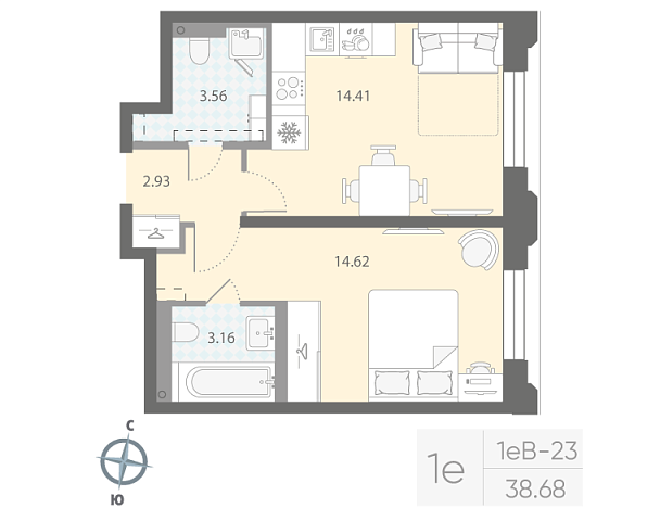 студия, 38.7 м², 2 этаж 
