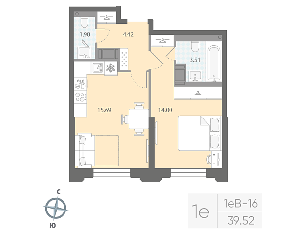 студия, 39.5 м², 4 этаж 