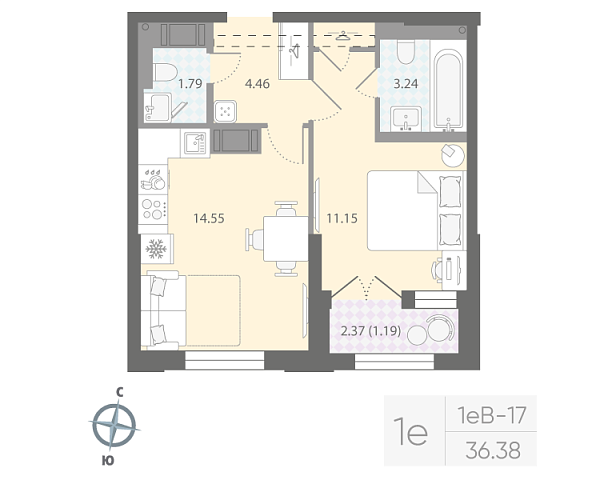 студия, 36.4 м², 7 этаж 