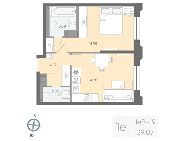 студия, 39.1 м², 5 этаж 