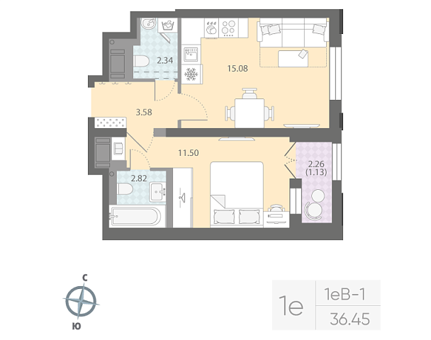 студия, 36.5 м², 10 этаж 
