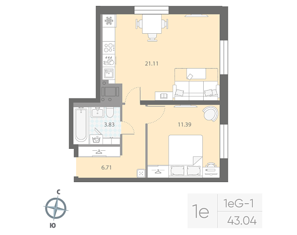 студия, 43 м², 5 этаж 