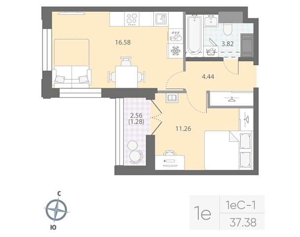 студия, 37.4 м², 8 этаж 