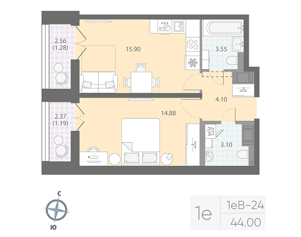 студия, 44 м², 8 этаж 