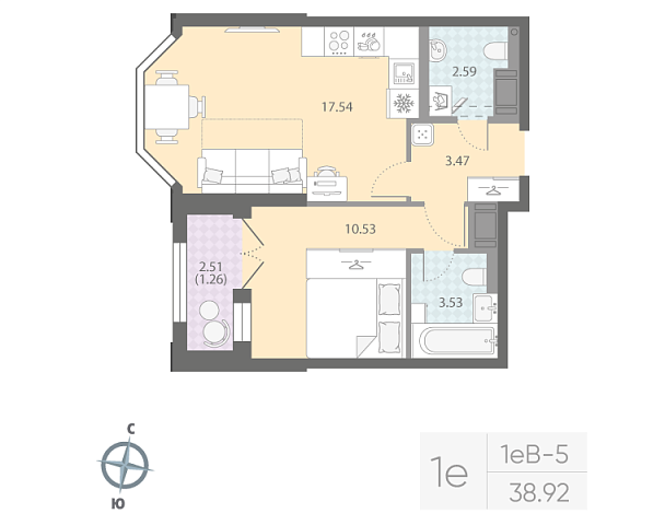 студия, 38.9 м², 7 этаж 