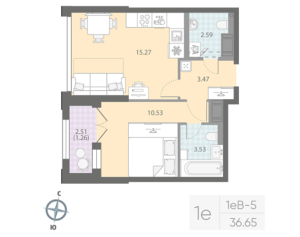студия, 36.7 м², 15 этаж 