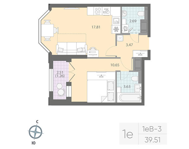 студия, 39.5 м², 10 этаж 