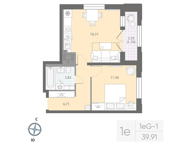 студия, 39.9 м², 6 этаж 