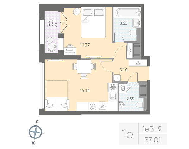 студия, 37 м², 15 этаж 