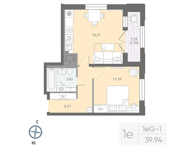 студия, 39.9 м², 10 этаж 