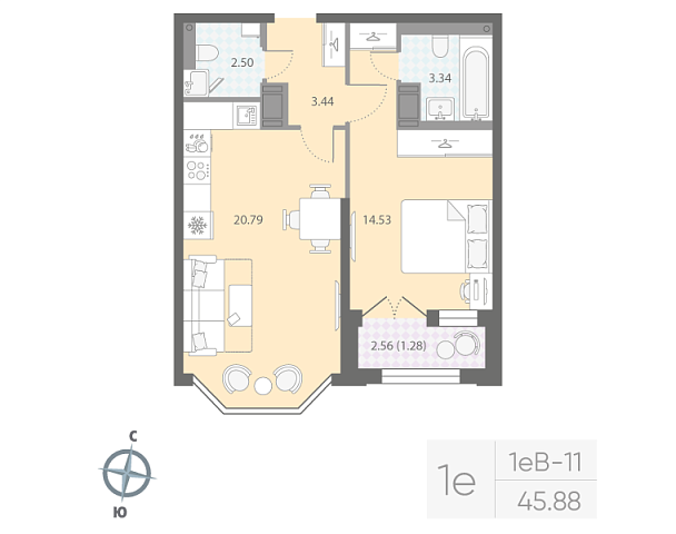 студия, 45.9 м², 12 этаж 