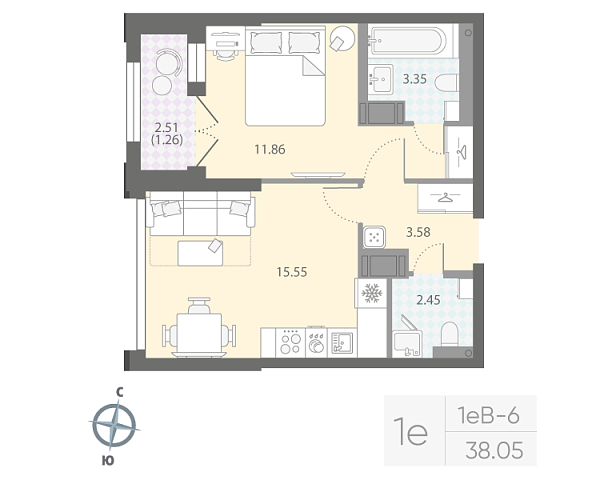 студия, 38.1 м², 16 этаж 