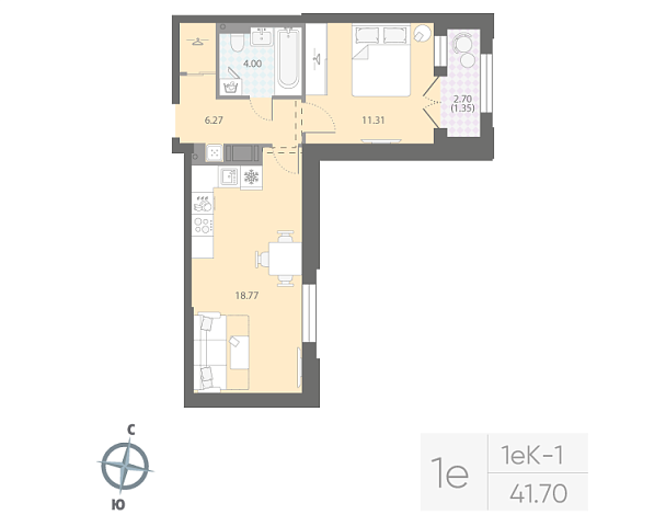 студия, 41.7 м², 12 этаж 