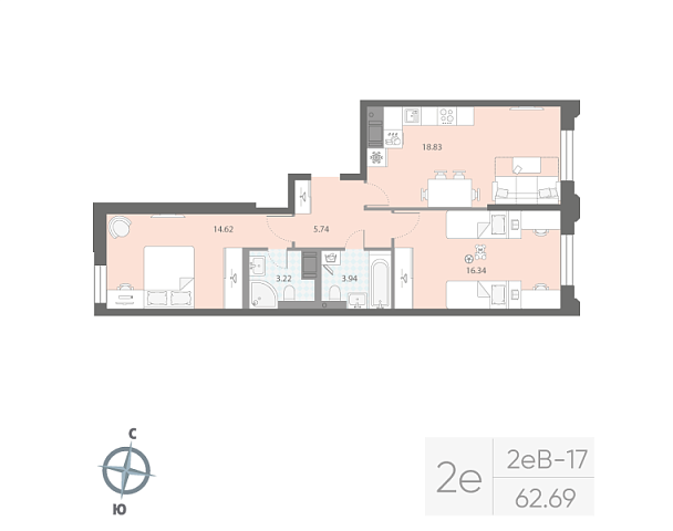 1 комн. квартира, 62.7 м², 4 этаж 