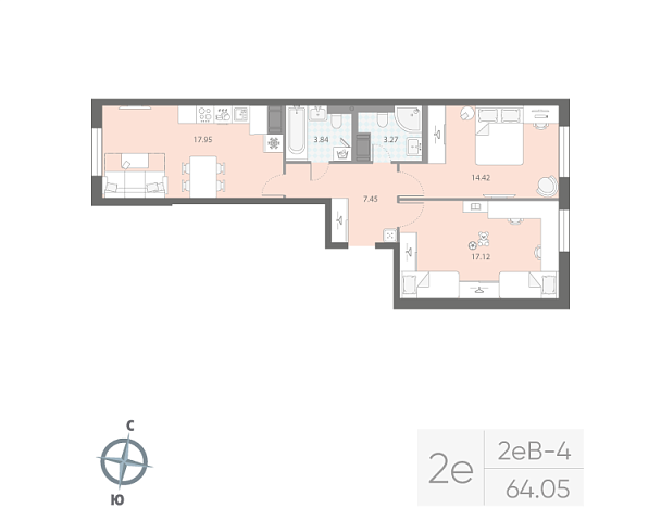 1 комн. квартира, 64.1 м², 5 этаж 